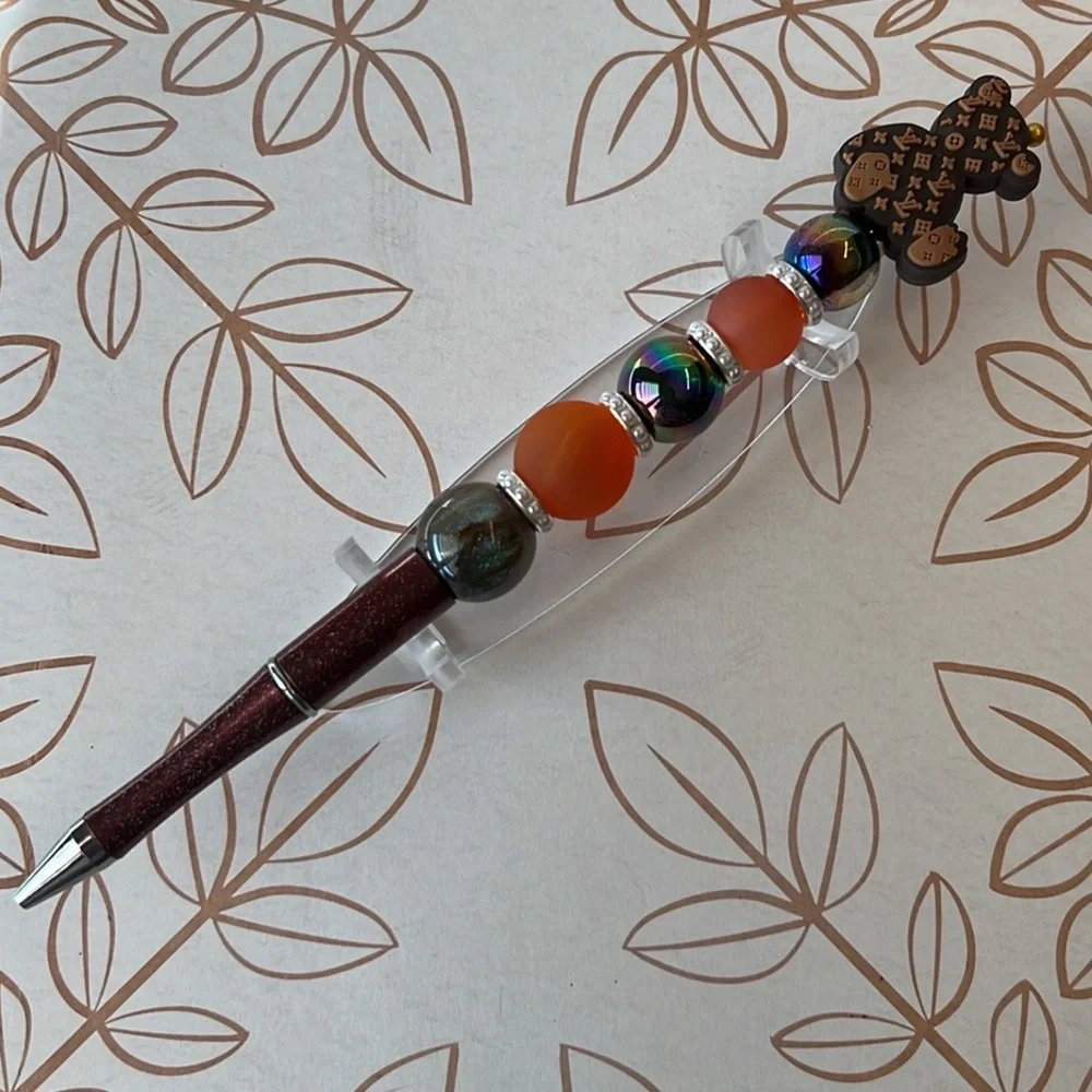 Teddy Bear Beaded Pen - Brown Orange Tones - Handmade